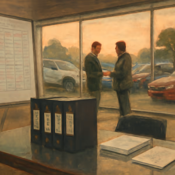 Oil painting evoking Performance-review cycles for auto dealerships